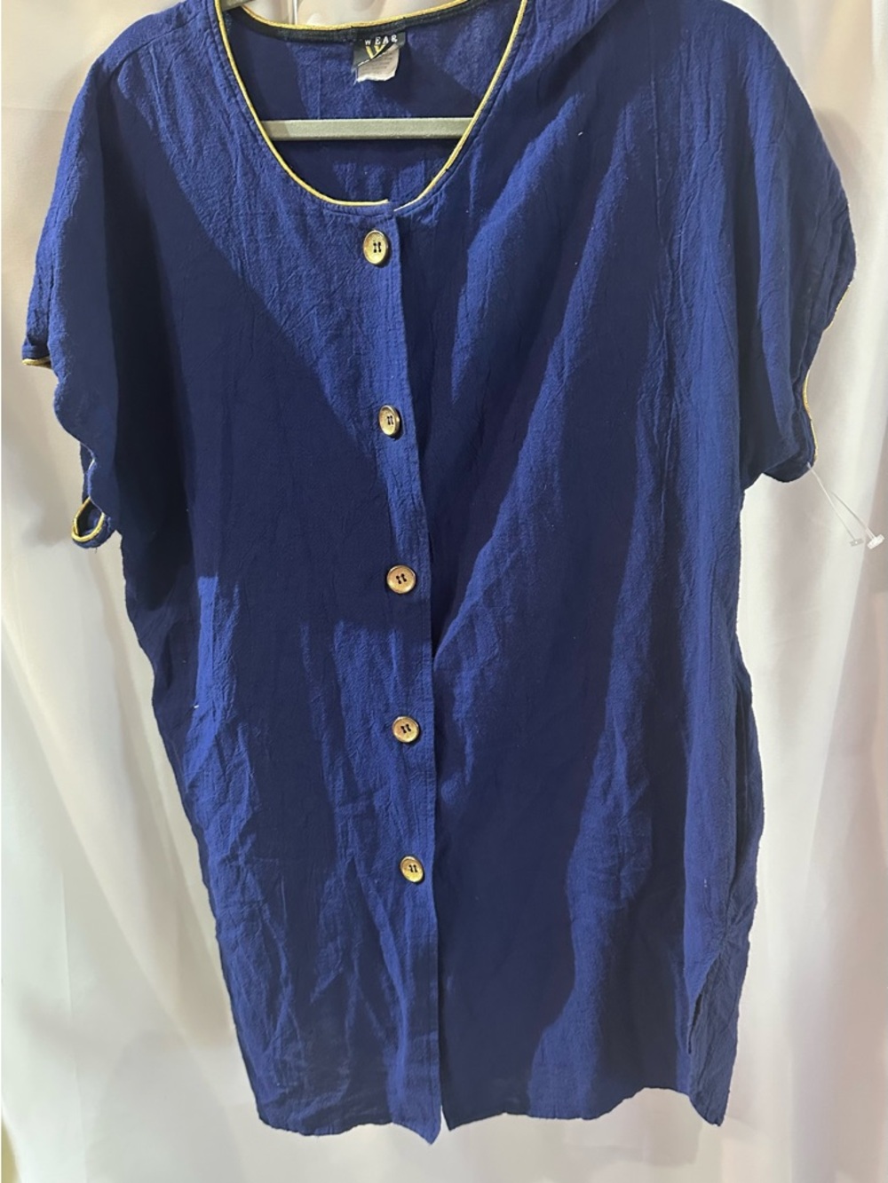 Casual Button-Down Short Sleeve Vintage Swimsuit cover up with Gold Trim